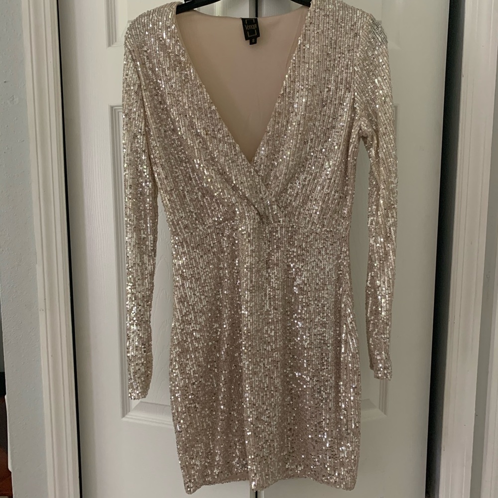 Champagne Sequin V neck Dress